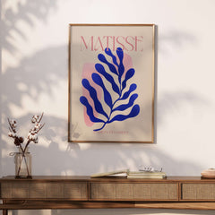 Matisse Blue Leaf Abstract Papiers Découpés Wall Art Print featuring blue leaf design on beige background.