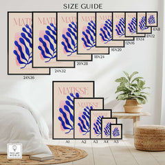 Matisse Blue Leaf Abstract Papiers Découpés Wall Art Print Size Guide showing various dimensions.