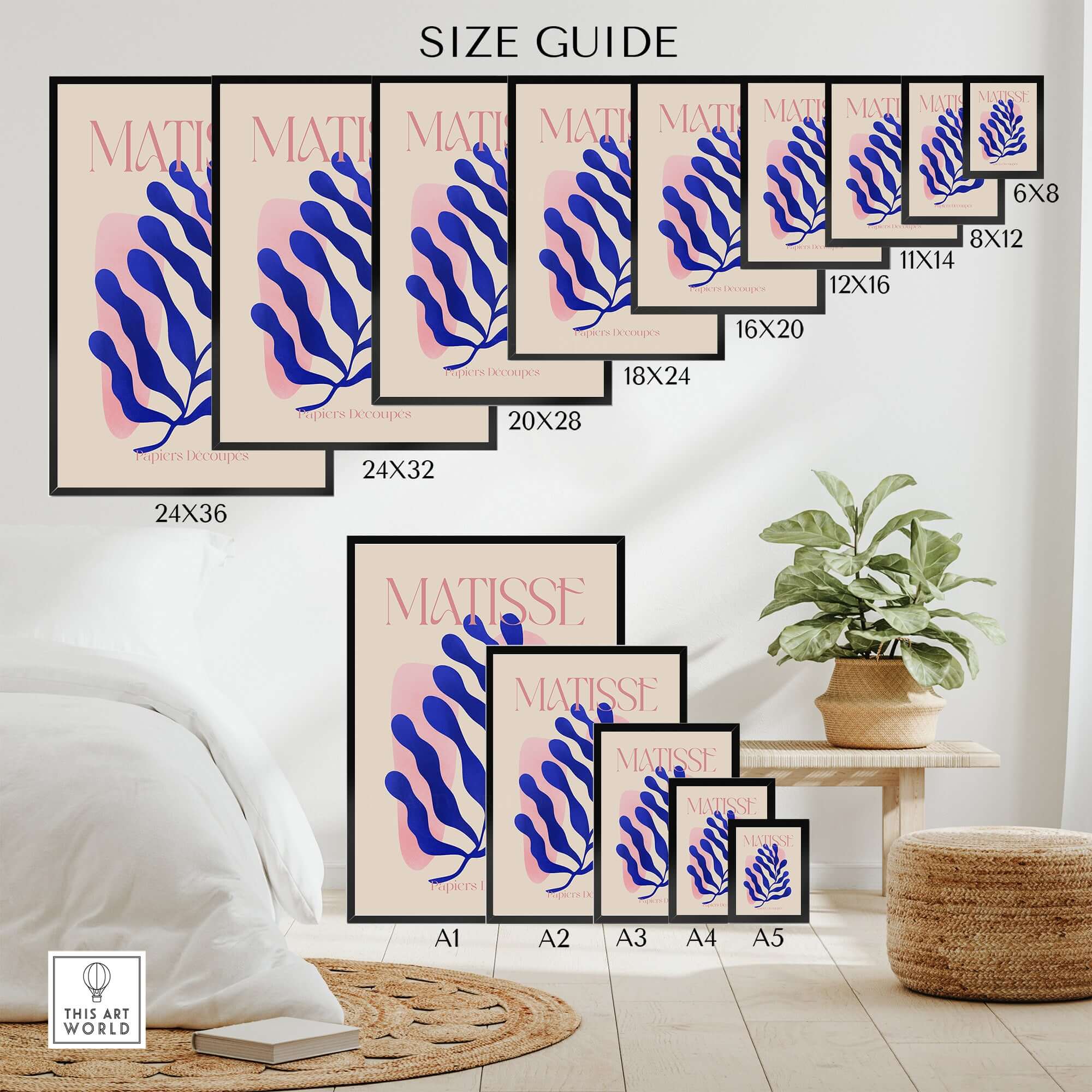 Matisse Blue Leaf Abstract Papiers Découpés Wall Art Print Size Guide showing various dimensions.