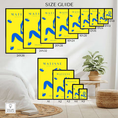 Matisse Art Prints - Blue Nude Abstract Figure Yellow Poster size guide showcasing various dimensions of the artwork.