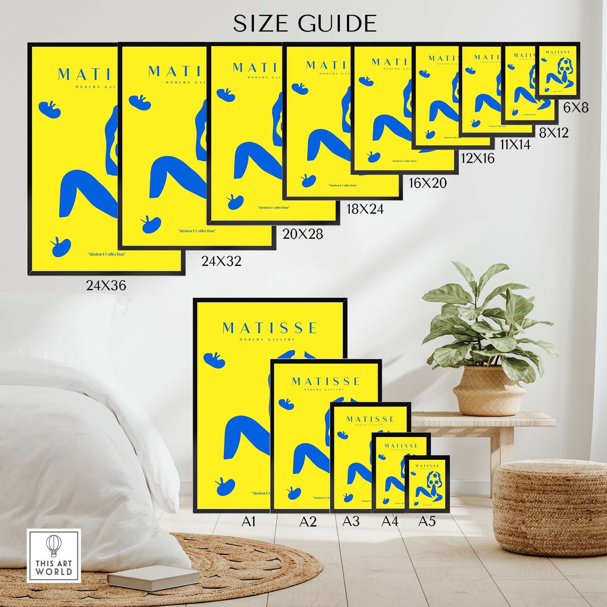 Matisse Art Prints - Blue Nude Abstract Figure Yellow Poster size guide showcasing various dimensions of the artwork.