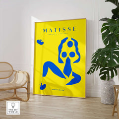 Matisse Art Prints - Blue Nude Abstract Figure Yellow Poster displayed in a modern interior setting