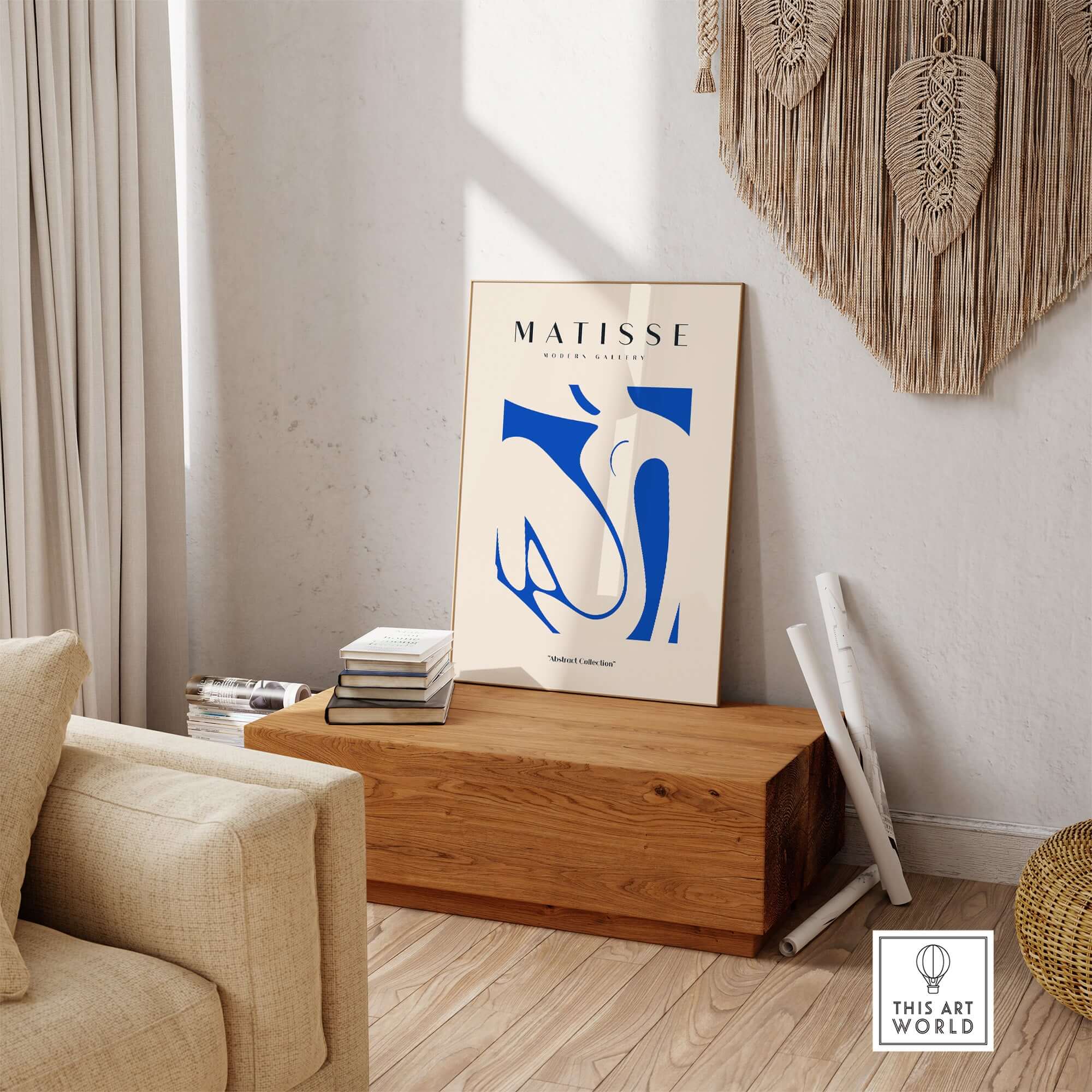 Matisse Art Prints - Blue Nude Abstract Cut Out Wall Art displayed in a contemporary living room setting.