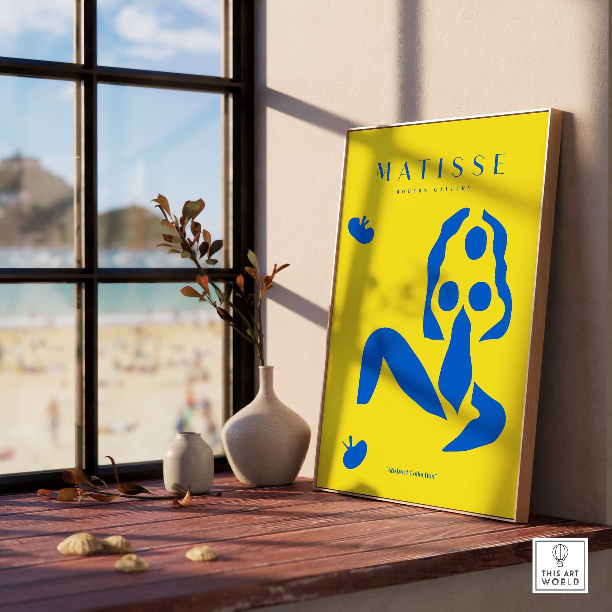 Matisse Art Prints - Blue Nude Abstract Figure Yellow Poster displayed in a modern room with beach view.