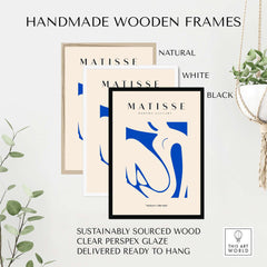 Matisse Art Prints - Blue Nude Abstract Cut Out Wall Art displayed in natural, white, and black handmade wooden frames.