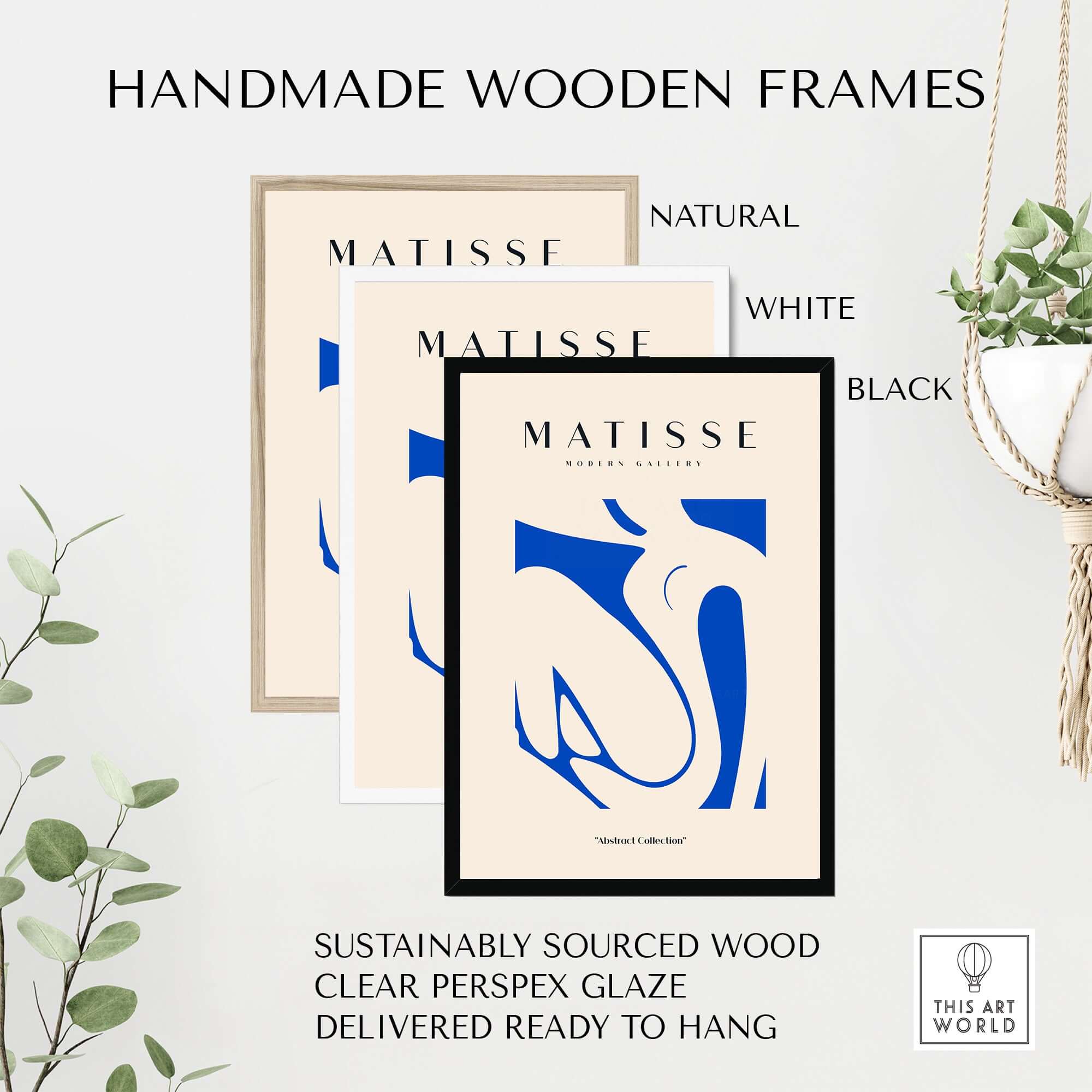 Matisse Art Prints - Blue Nude Abstract Cut Out Wall Art displayed in natural, white, and black handmade wooden frames.
