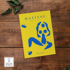 Matisse Art Prints - Blue Nude Abstract Figure Yellow Poster featuring a dynamic blue figure on a vibrant yellow background.