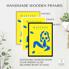 Matisse Art Prints - Blue Nude Abstract Figure Yellow Poster in handmade wooden frames, available in natural, white, and black.