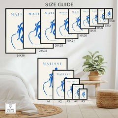 Matisse Art Prints - Blue Nude Seated Figure Poster size guide showcasing various frame sizes with a plant decor.