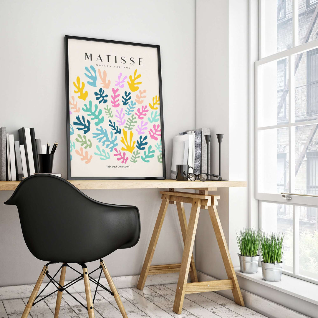 Colorful Matisse art print with abstract botanical shapes in a modern home office setting.