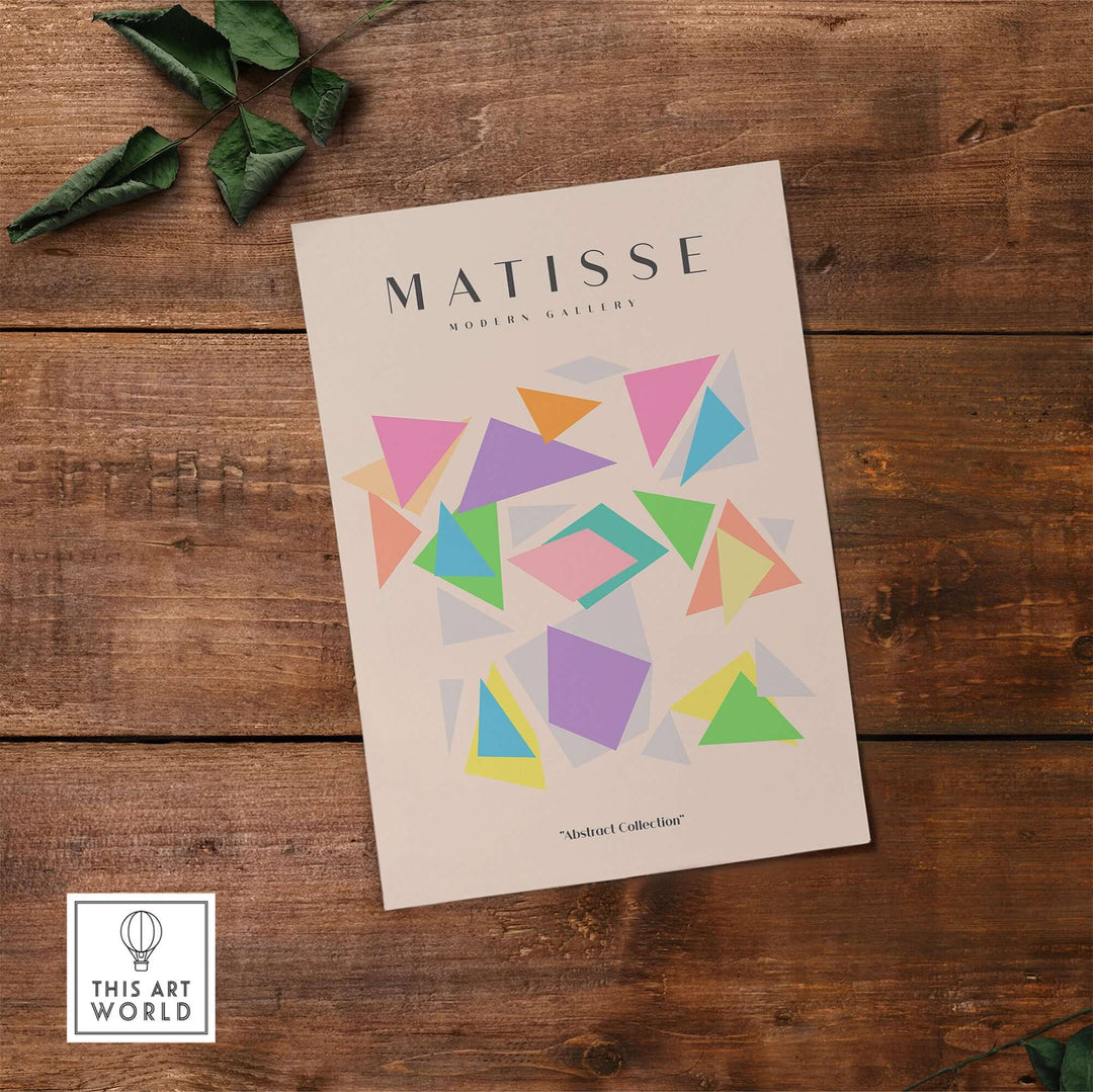 Matisse geometric triangles poster with colorful overlapping shapes on a beige background.