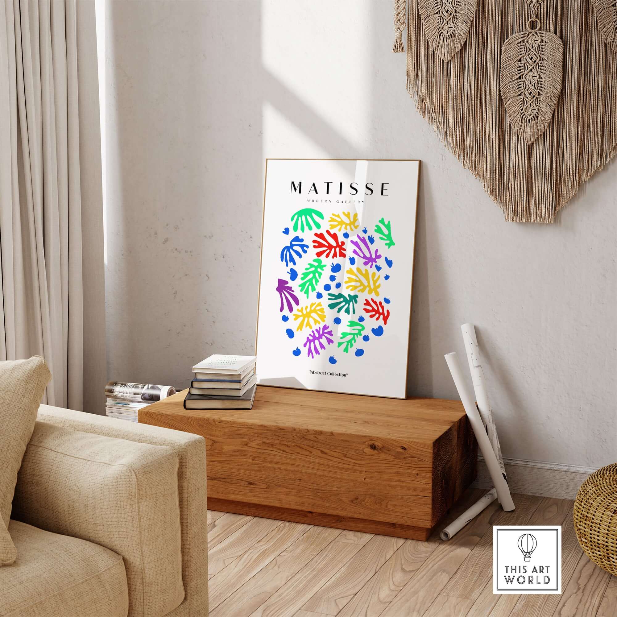 Matisse Art Prints - Colourful Scattered Abstract Leaves Dots Poster displayed in a stylish living room setting