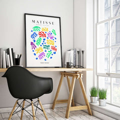 Matisse Art Prints - Colourful Scattered Abstract Leaves Dots Poster displayed in a stylish home office.