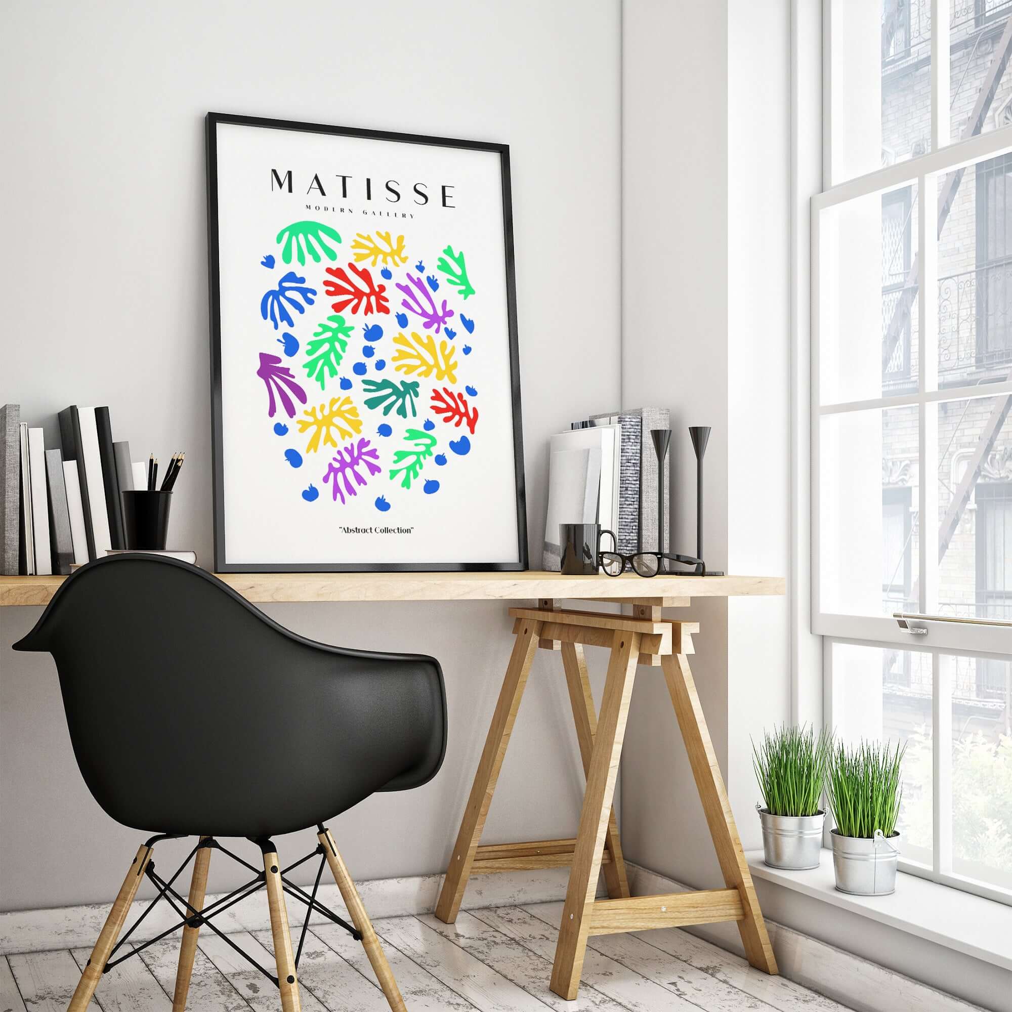 Matisse Art Prints - Colourful Scattered Abstract Leaves Dots Poster displayed in a stylish home office.
