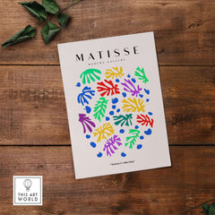 Matisse Art Prints - Colourful Scattered Abstract Leaves Dots Poster showcasing colorful leaf shapes and blue dots.