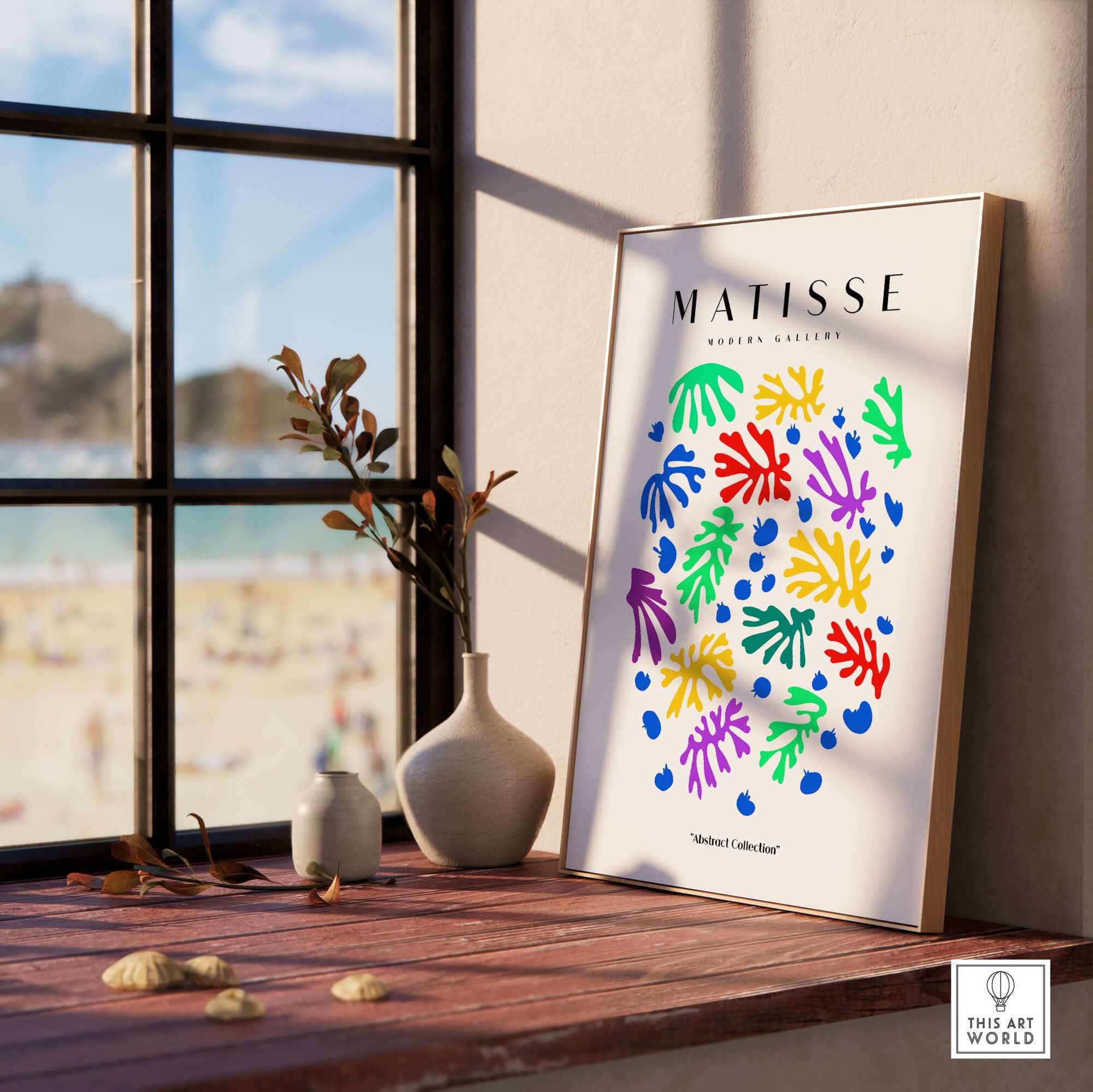 Matisse Art Prints - Colourful Scattered Abstract Leaves Dots Poster displayed in a sunny room with beach view.