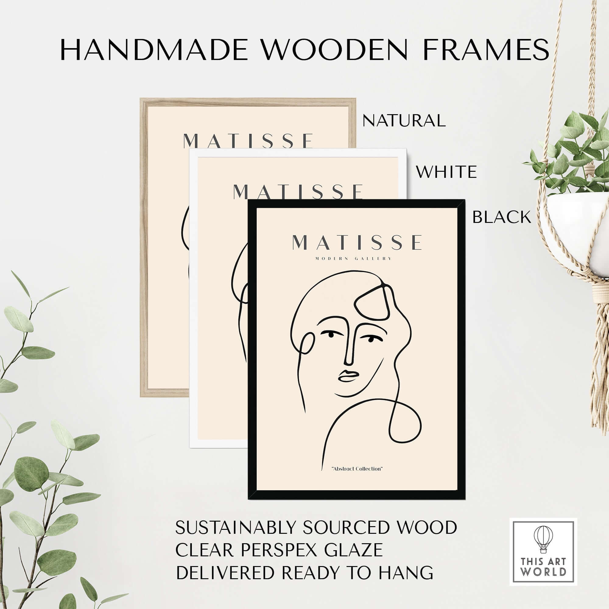 Matisse Art Prints - Continuous Line Abstract Face Poster framed in natural, white, and black handmade wooden frames.