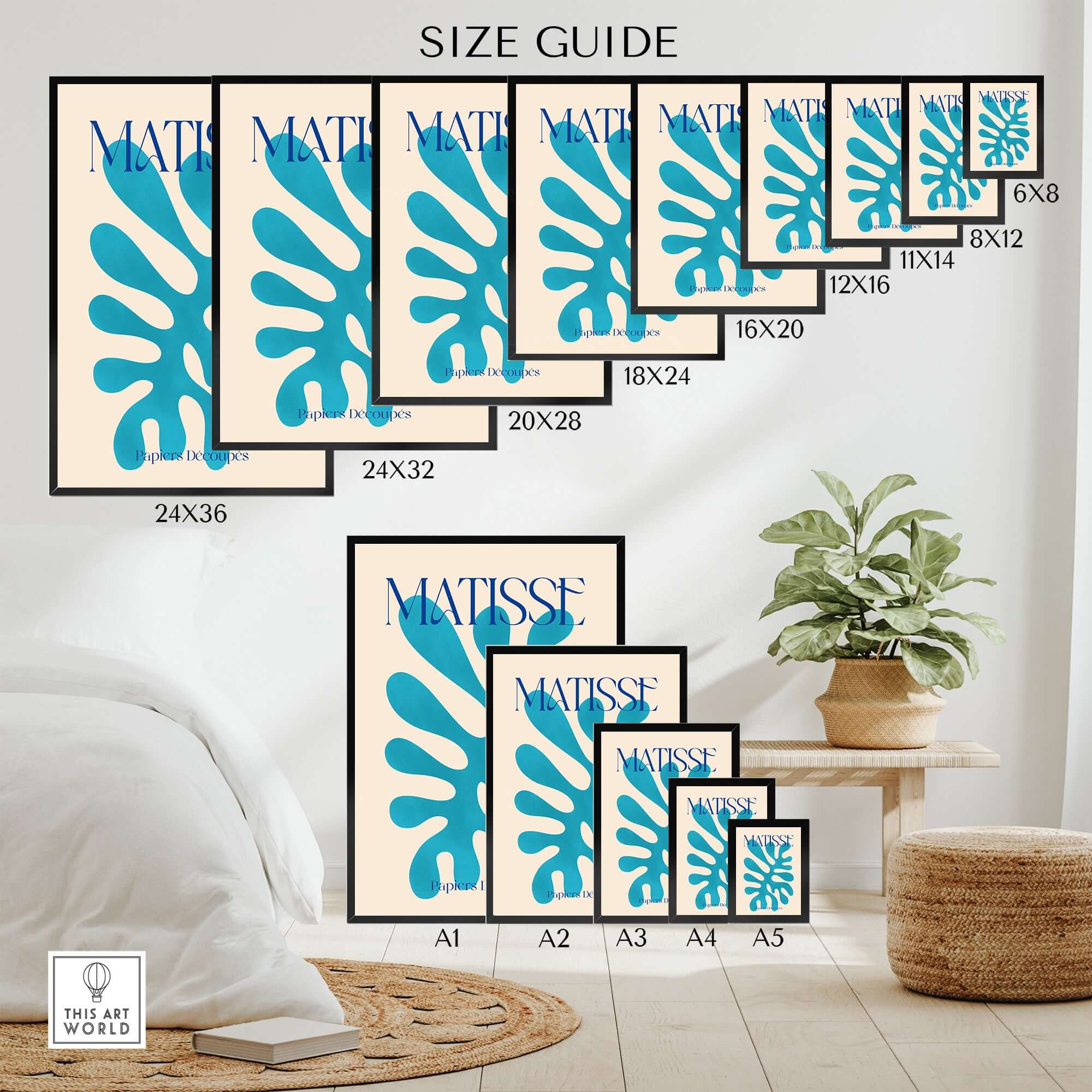 Size guide for Matisse Cyan Blue Abstract Shape Papiers Découpés Poster in various dimensions.