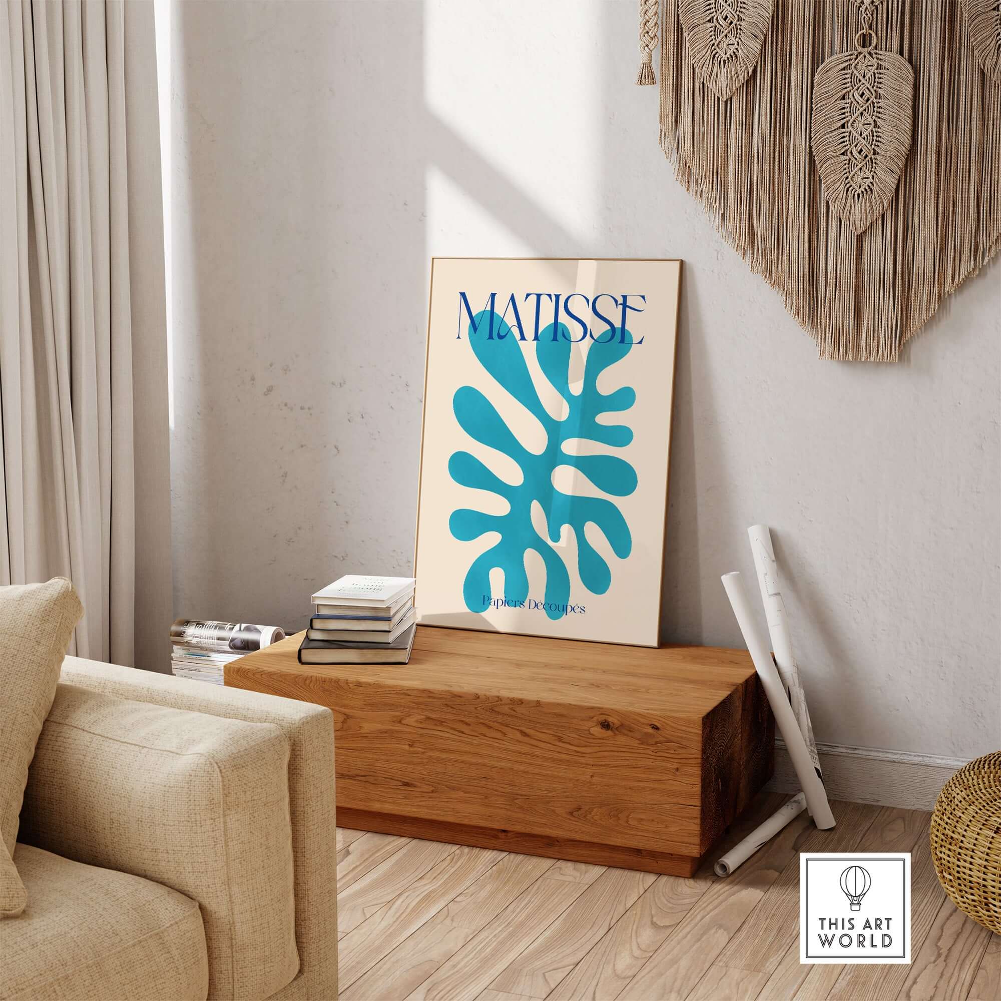 Matisse Cyan Blue Abstract Shape Papiers Découpés Poster displayed in a stylish living room with neutral decor.