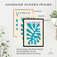 Matisse Cyan Blue Abstract Shape Papiers Découpés Poster displayed in handmade wooden frames in natural, white, and black.