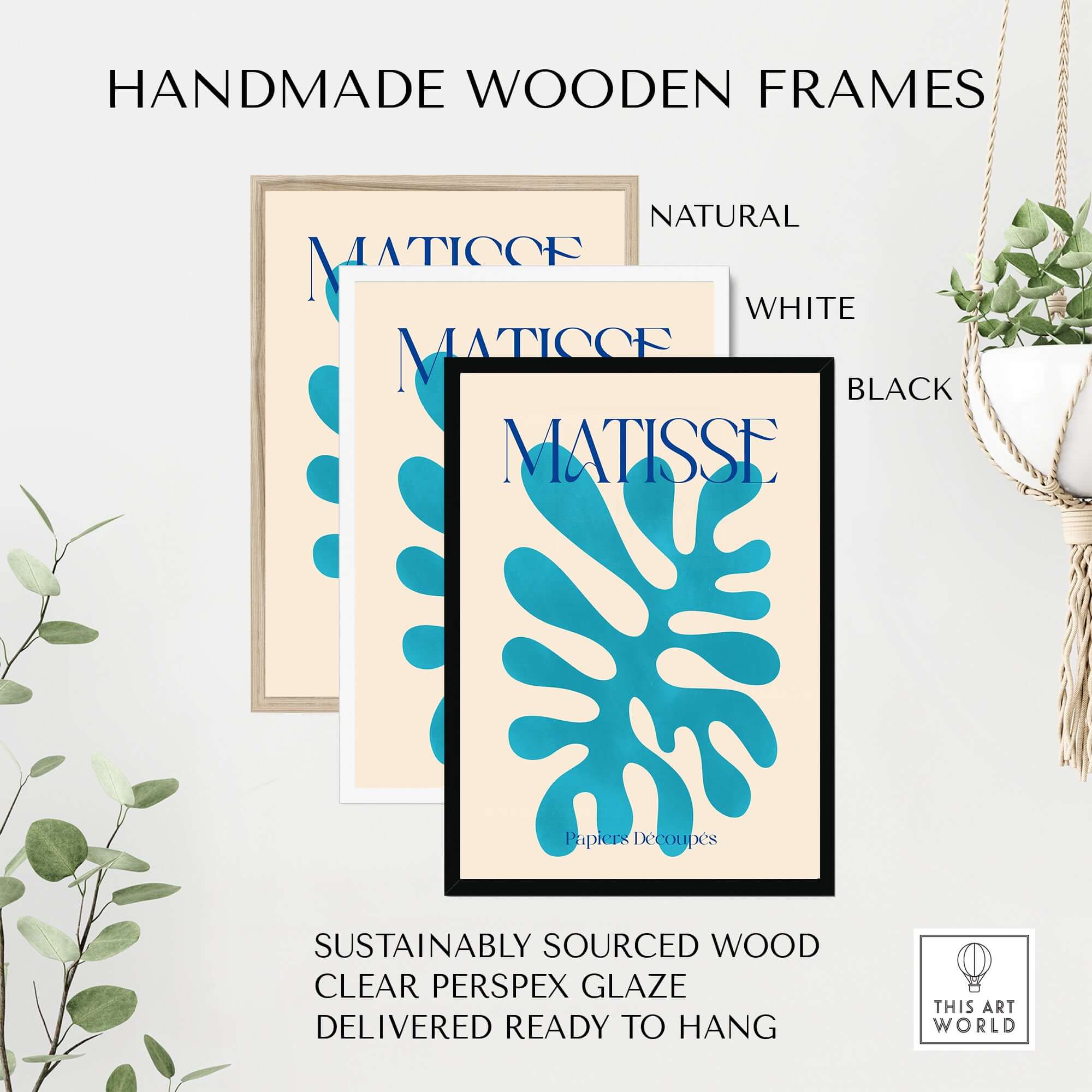 Matisse Cyan Blue Abstract Shape Papiers Découpés Poster displayed in handmade wooden frames in natural, white, and black.
