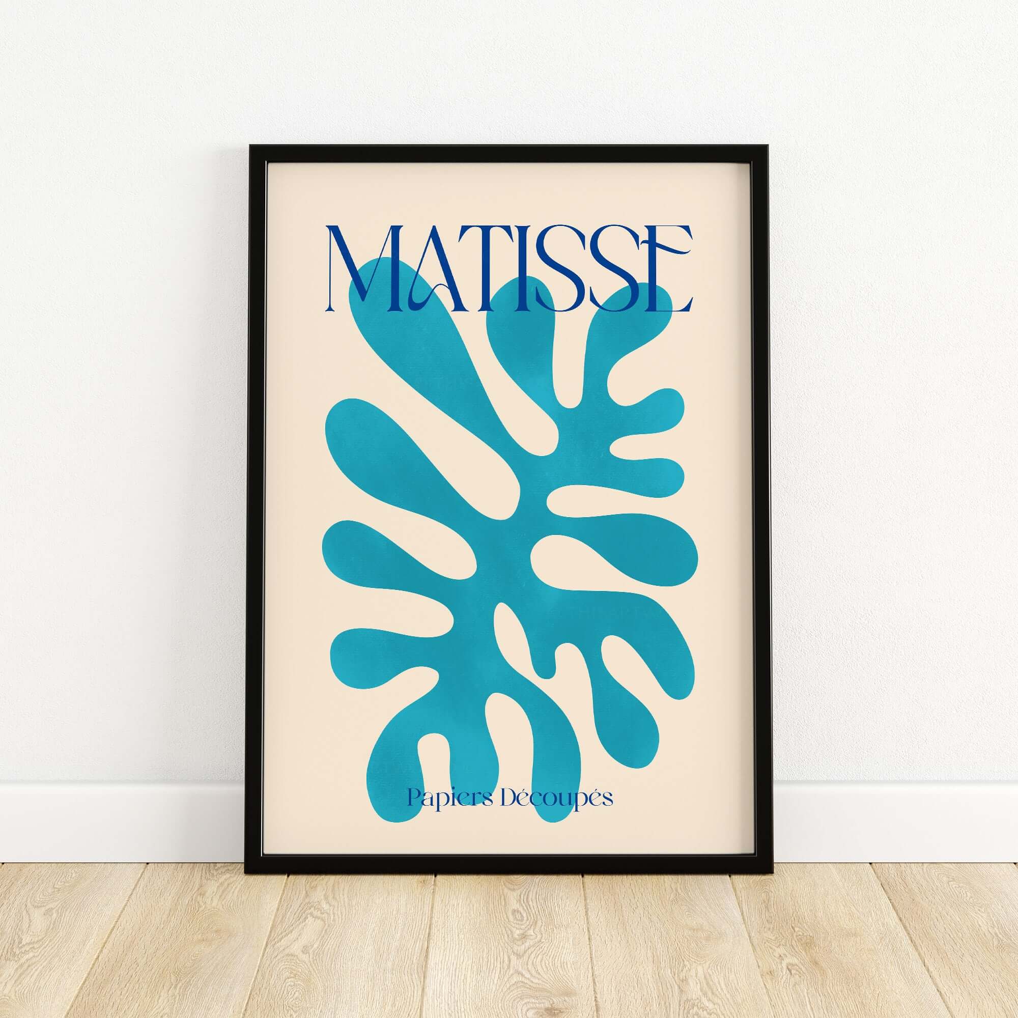 Matisse Cyan Blue Abstract Shape Papiers Découpés Poster displayed in a stylish frame against a neutral wall.