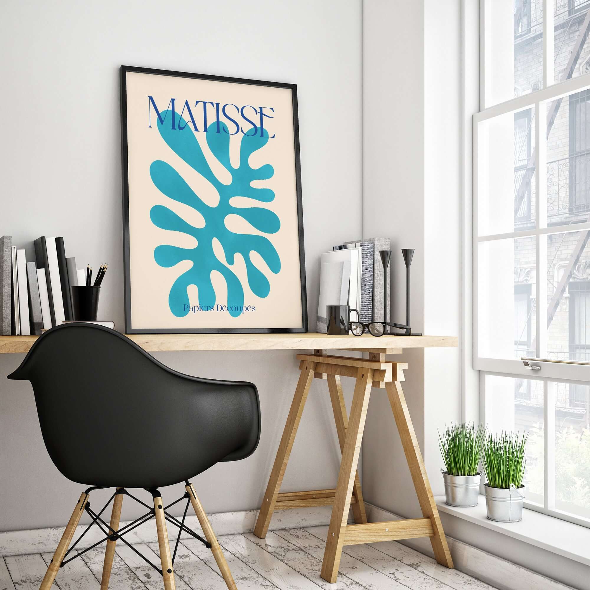 Matisse Cyan Blue Abstract Shape Papiers Découpés Poster displayed in a modern home office setting.