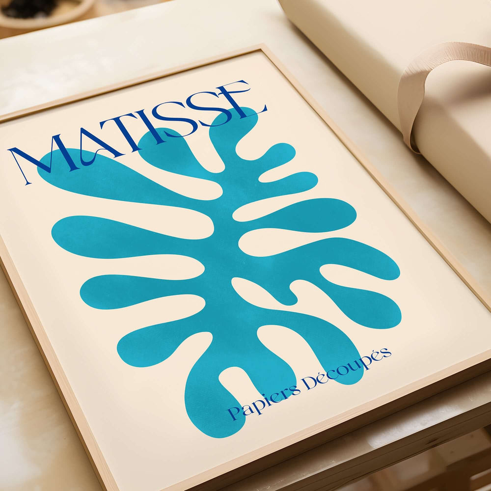 Matisse Cyan Blue Abstract Shape Papiers Découpés Poster featuring a vibrant cyan blue organic shape on a neutral background.