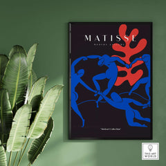 Matisse Art Prints -  Dance Blue Figures Poster showcasing vibrant blue figures and bold red shapes on a black background.