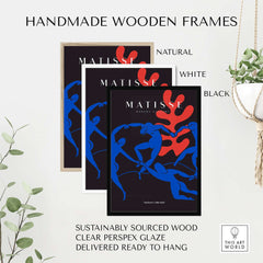 Matisse Art Prints - Dance Blue Figures Poster displayed in handmade wooden frames in natural, white, and black colors.