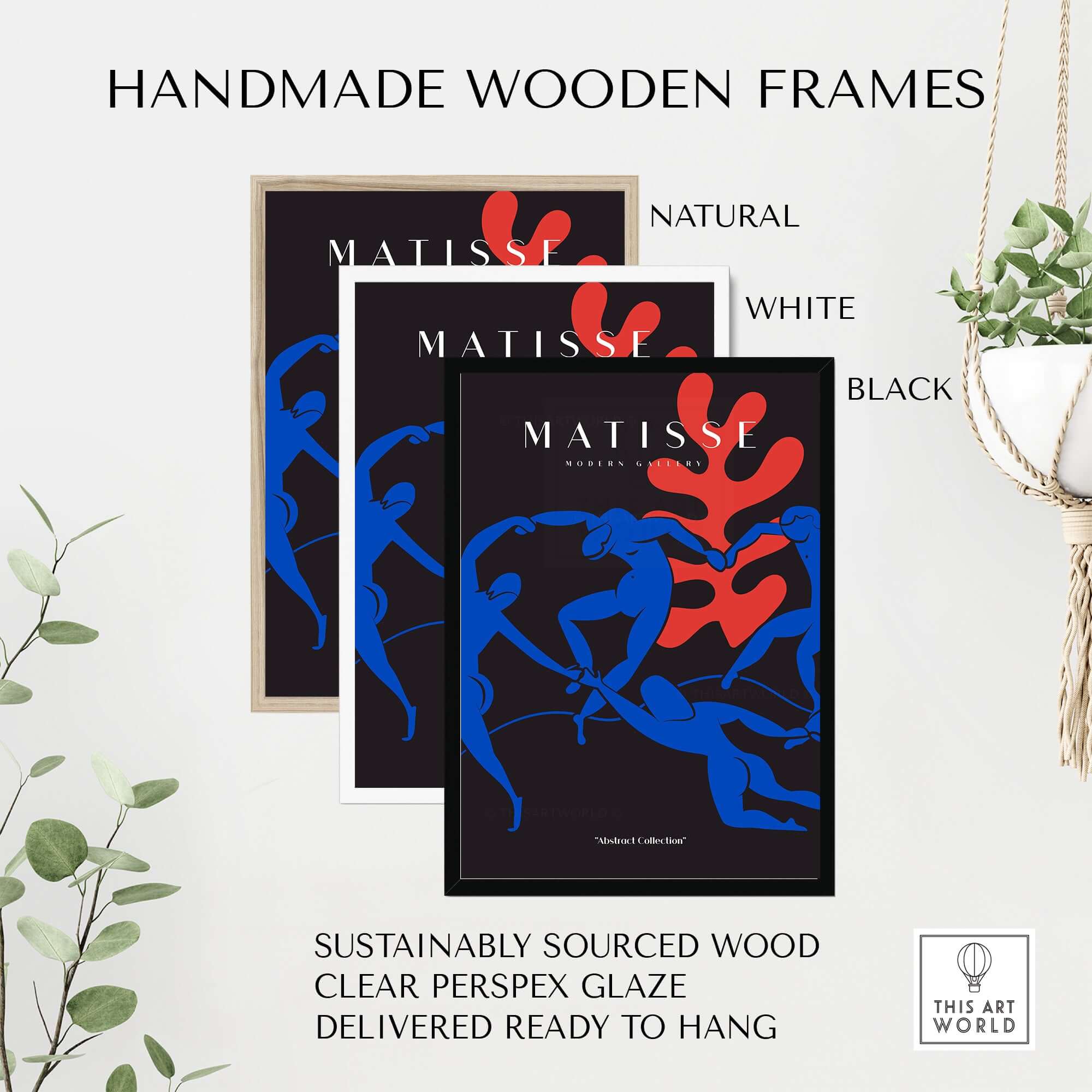 Matisse Art Prints - Dance Blue Figures Poster displayed in handmade wooden frames in natural, white, and black colors.