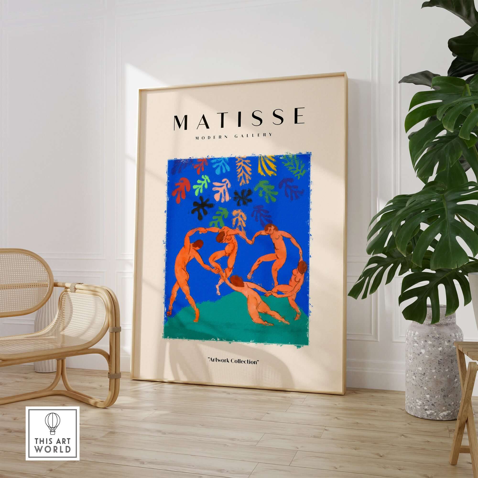 Matisse Art Prints - The Dance Figures Abstract Sky Poster displaying vibrant orange figures on a blue background.