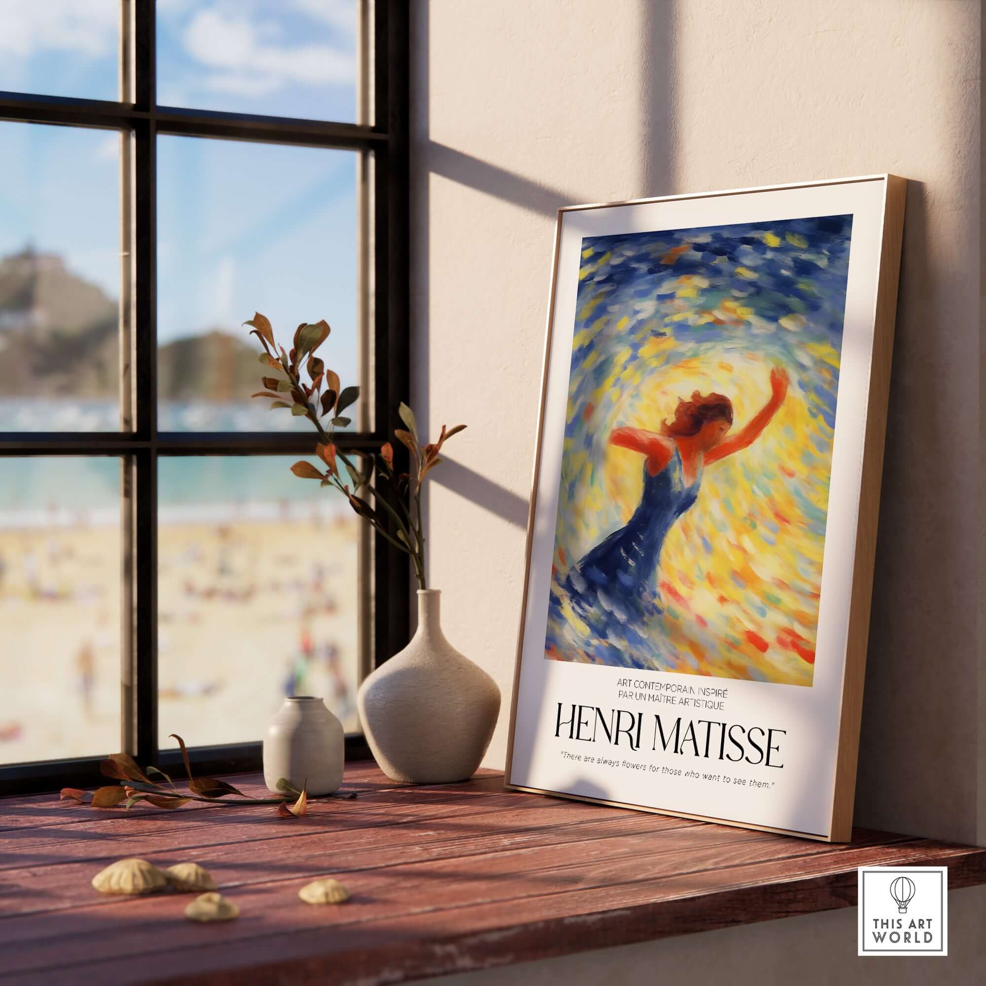 Matisse Art Prints - Dancing Figure Swirl Background Art Print displayed in a sunlit room next to decorative items.