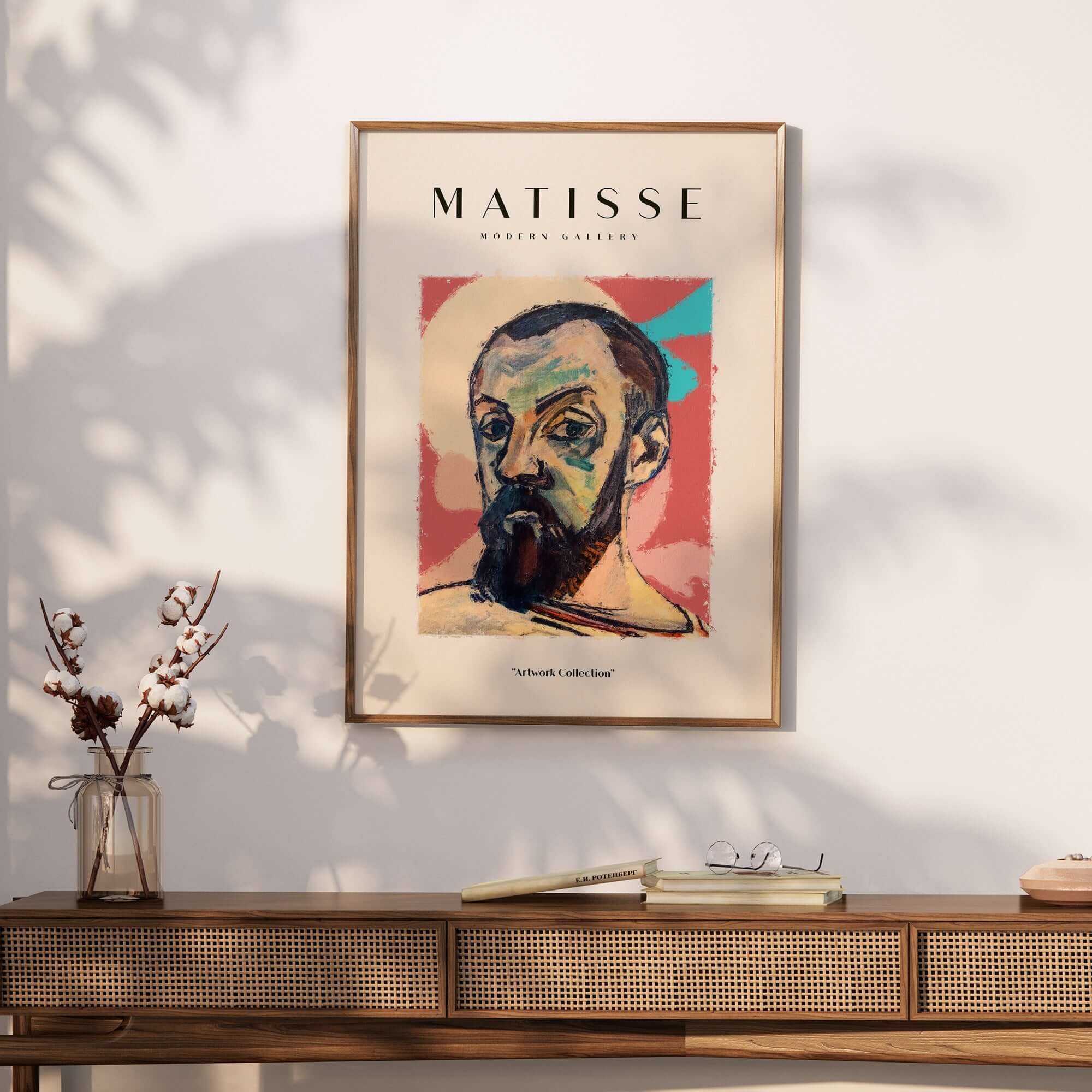 Matisse Art Prints - Expressive Self Portrait Poster hanging on wall, featuring bold colors and strong facial features.