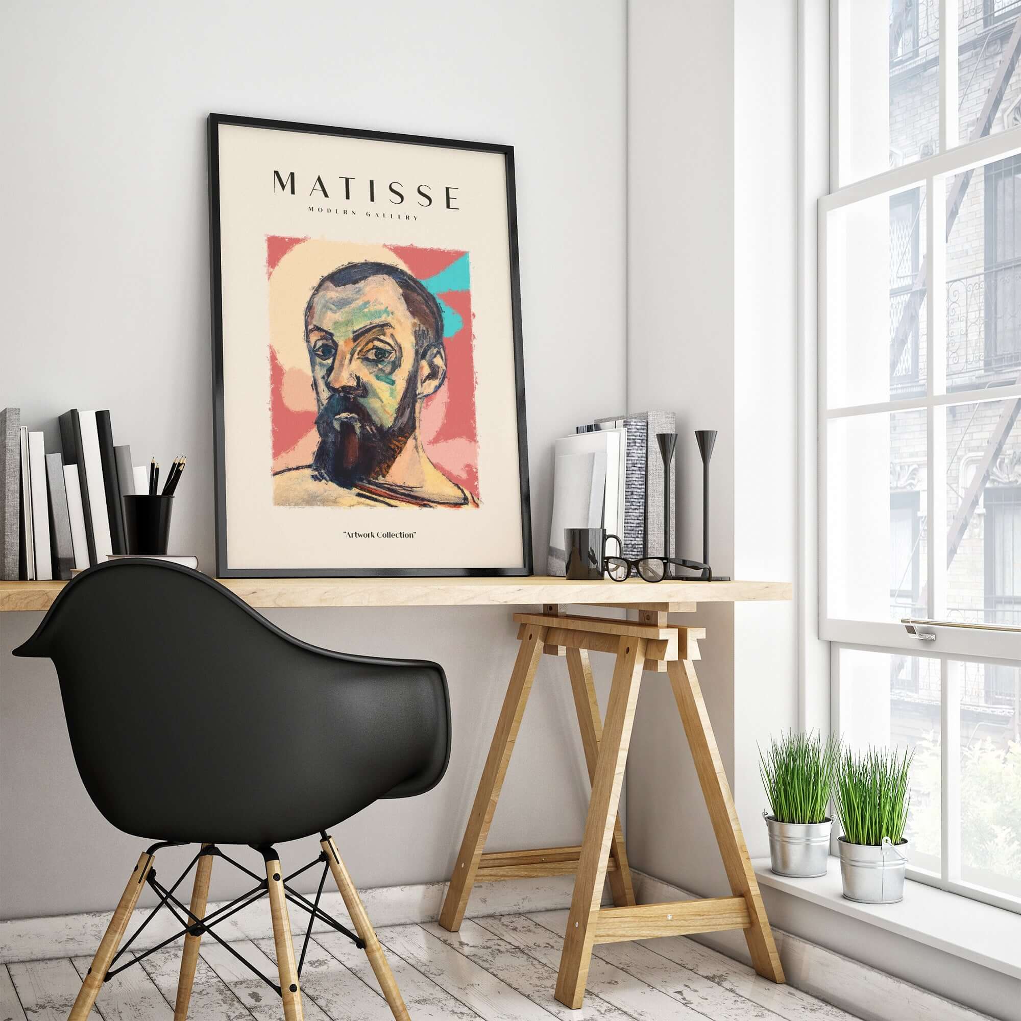 Matisse Art Prints - Expressive Self Portrait Poster displayed in a modern workspace setting.
