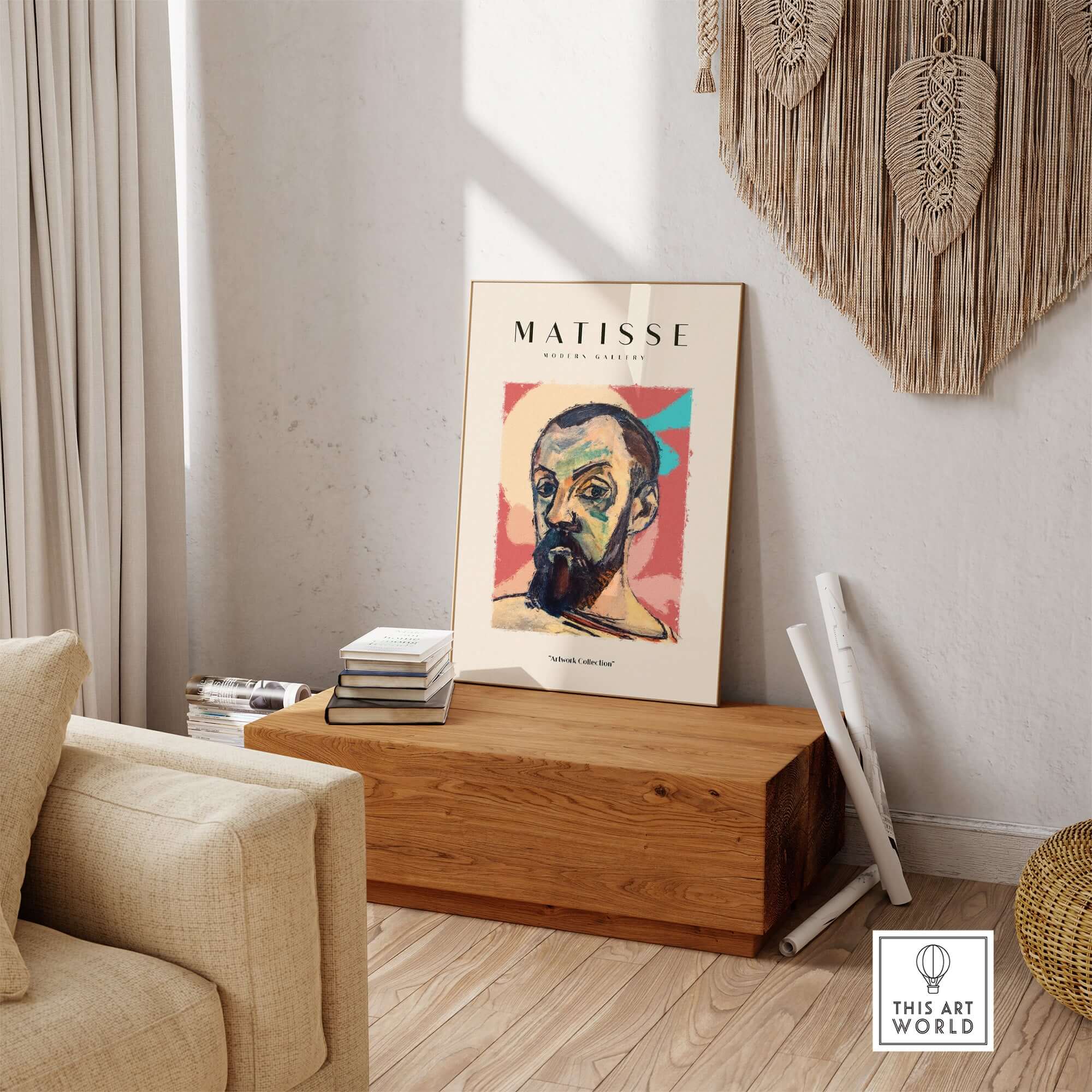 Matisse Art Prints - Expressive Self Portrait Poster displayed in a stylish living room setting.