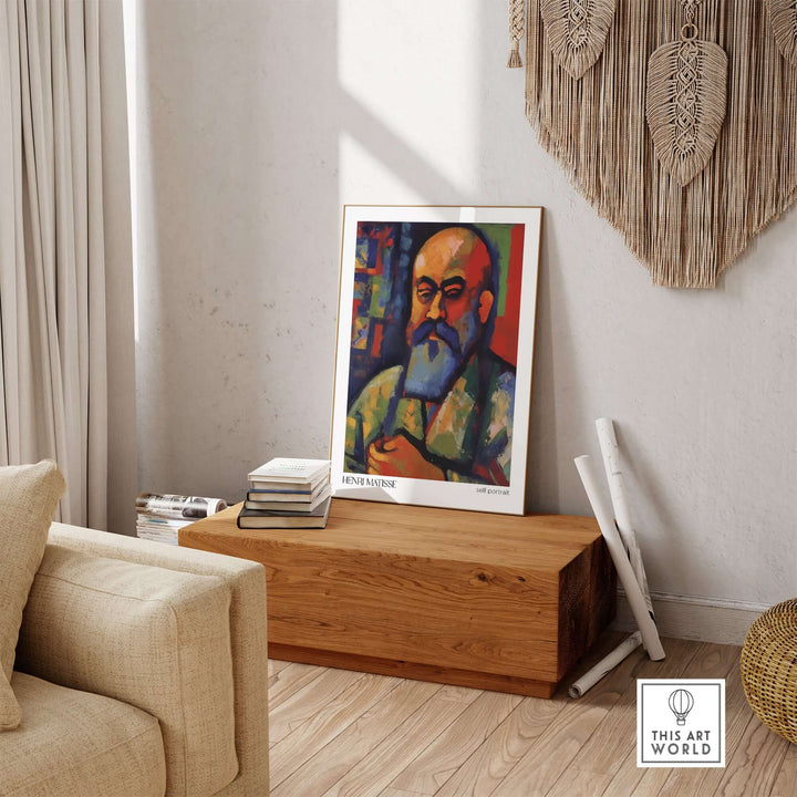 Fauvist self-portrait art print of a man with a beard, displayed in a modern interior setting.