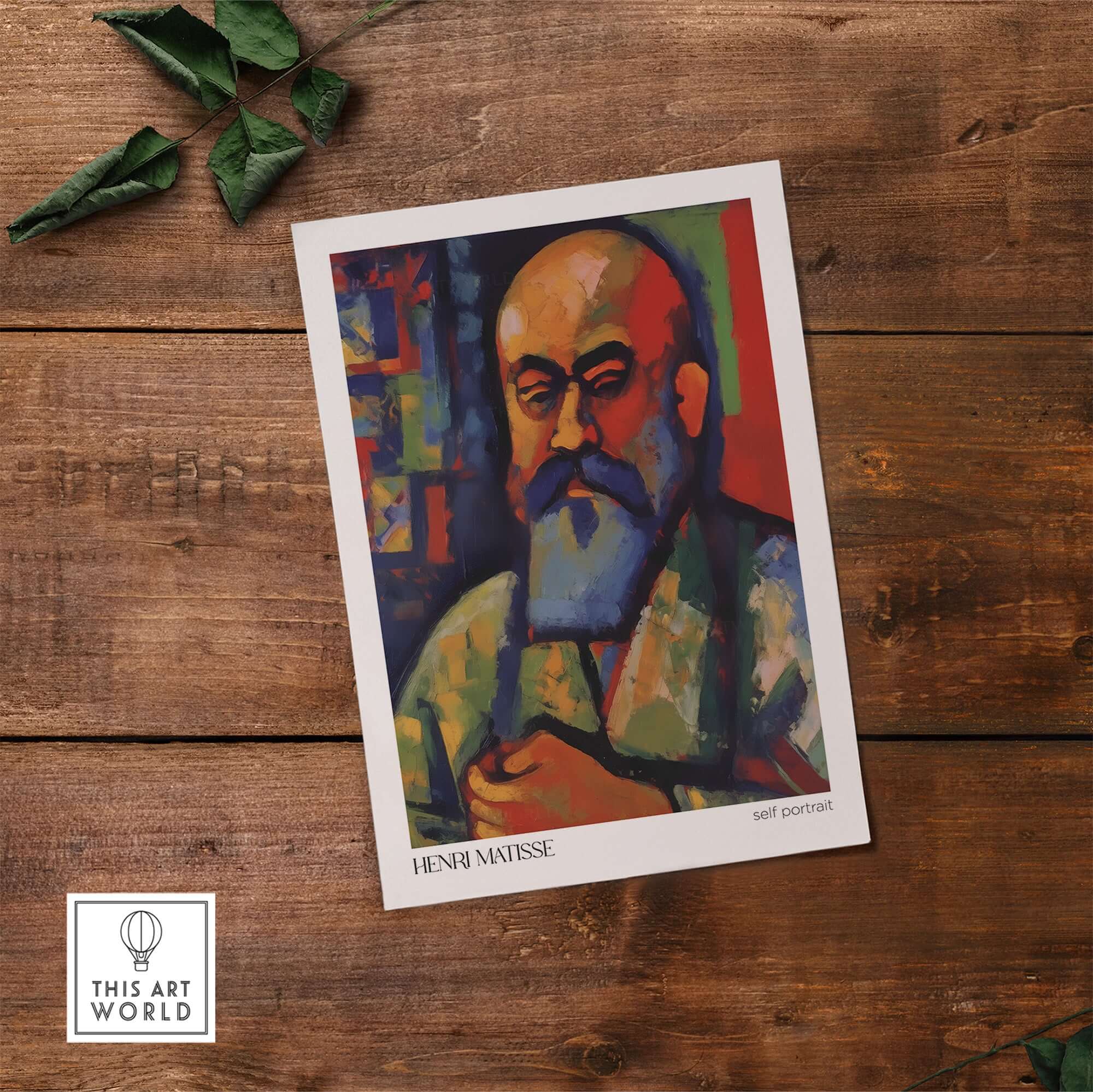 Matisse Art Prints - Fauvist Self Portrait Art Print featuring a colorful self-portrait of Henri Matisse on a wooden background.