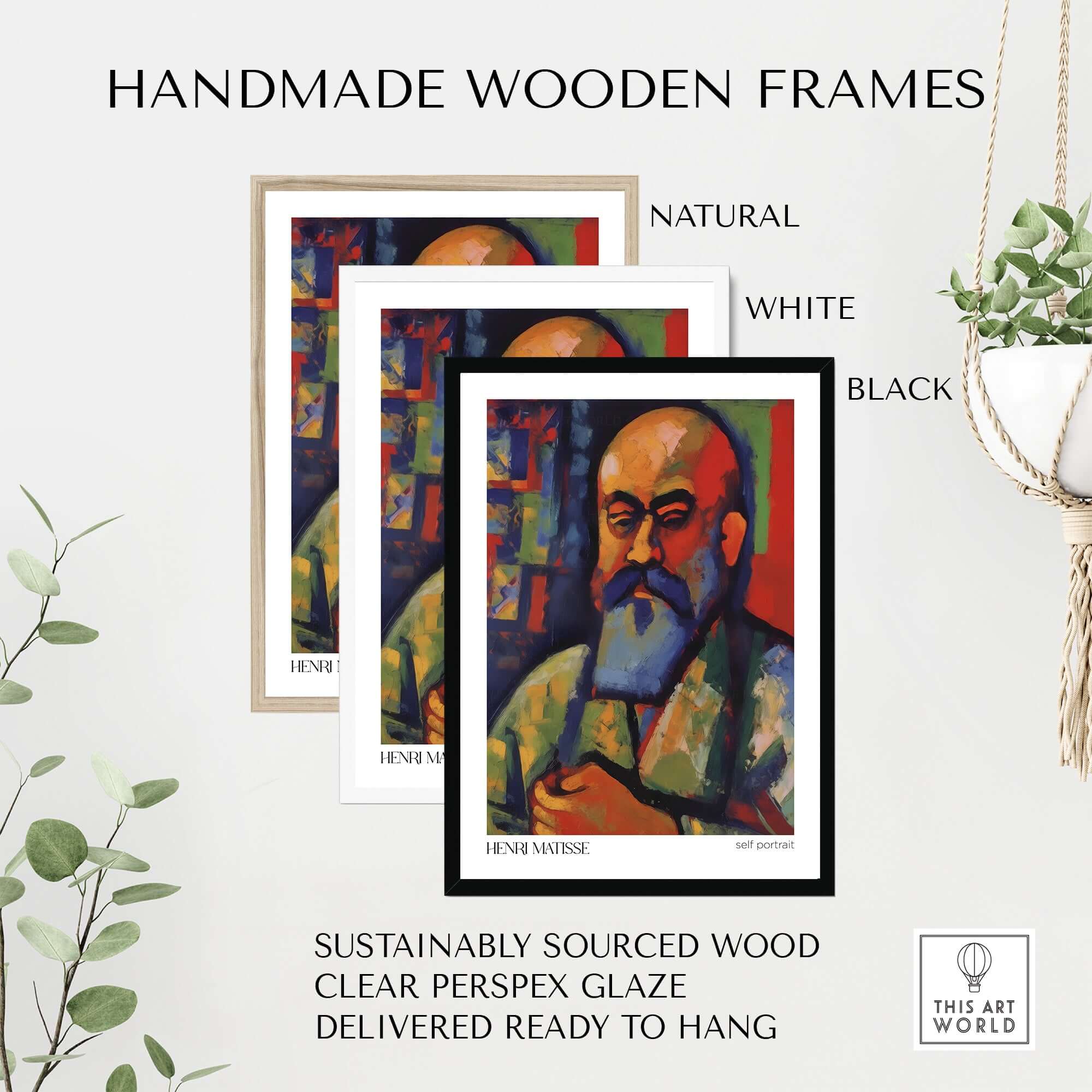 Matisse Art Prints - Fauvist Self Portrait Art Print displayed in handmade wooden frames in natural, white, and black colors.