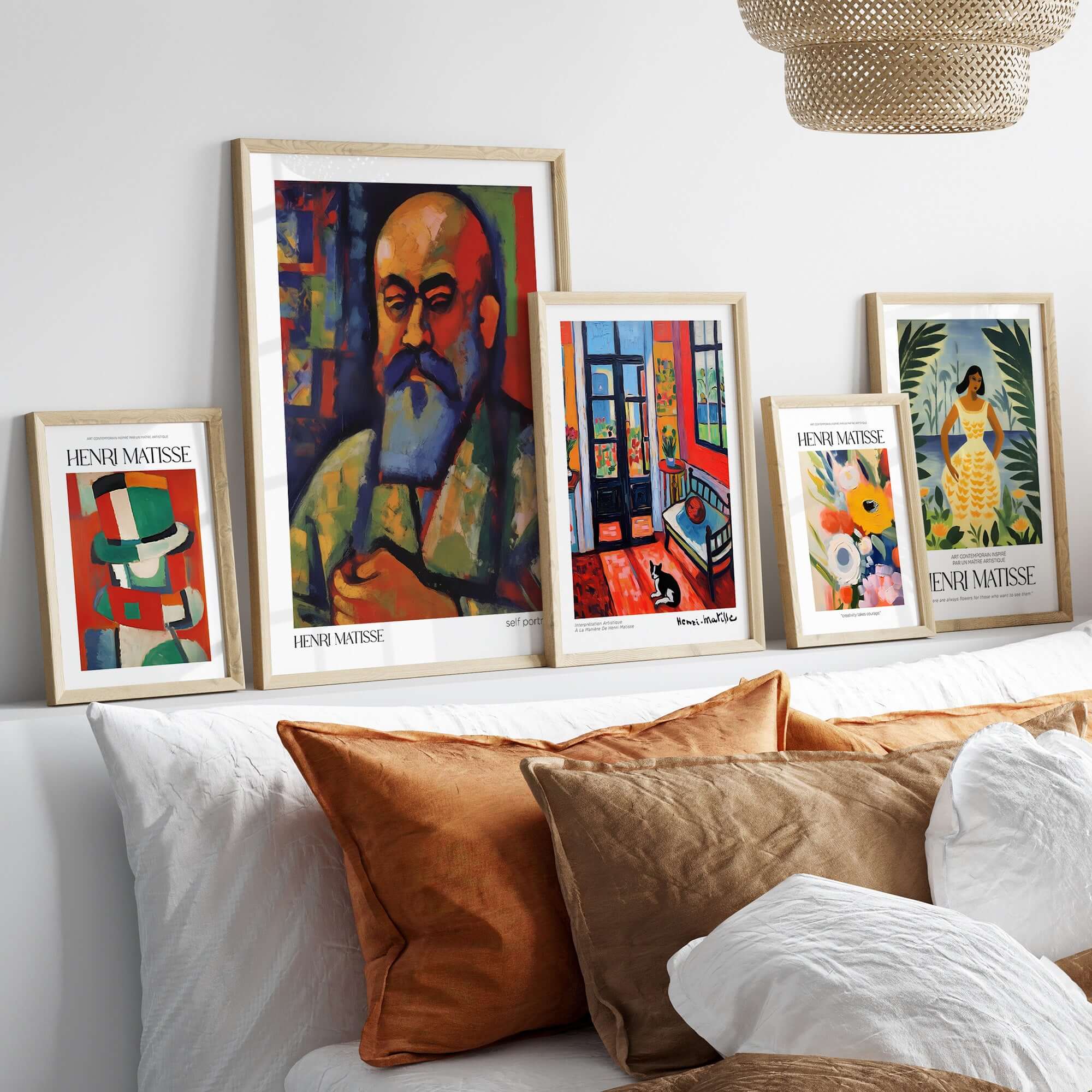 Matisse Art Prints - Fauvist Self Portrait Art Print displayed on a wall above a cozy sofa with decorative pillows.