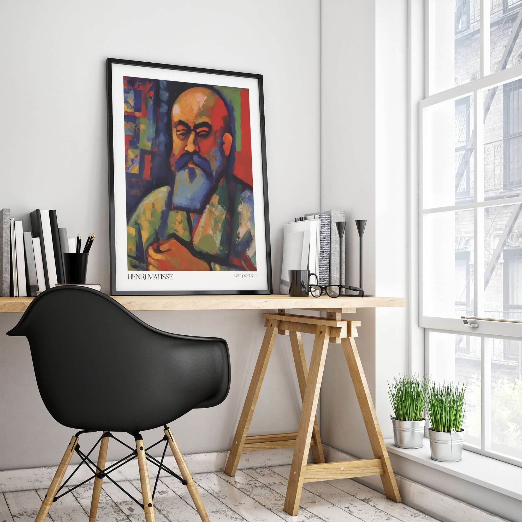 Matisse Art Prints - Fauvist Self Portrait Art Print framed on wall above a stylish desk in a modern interior.