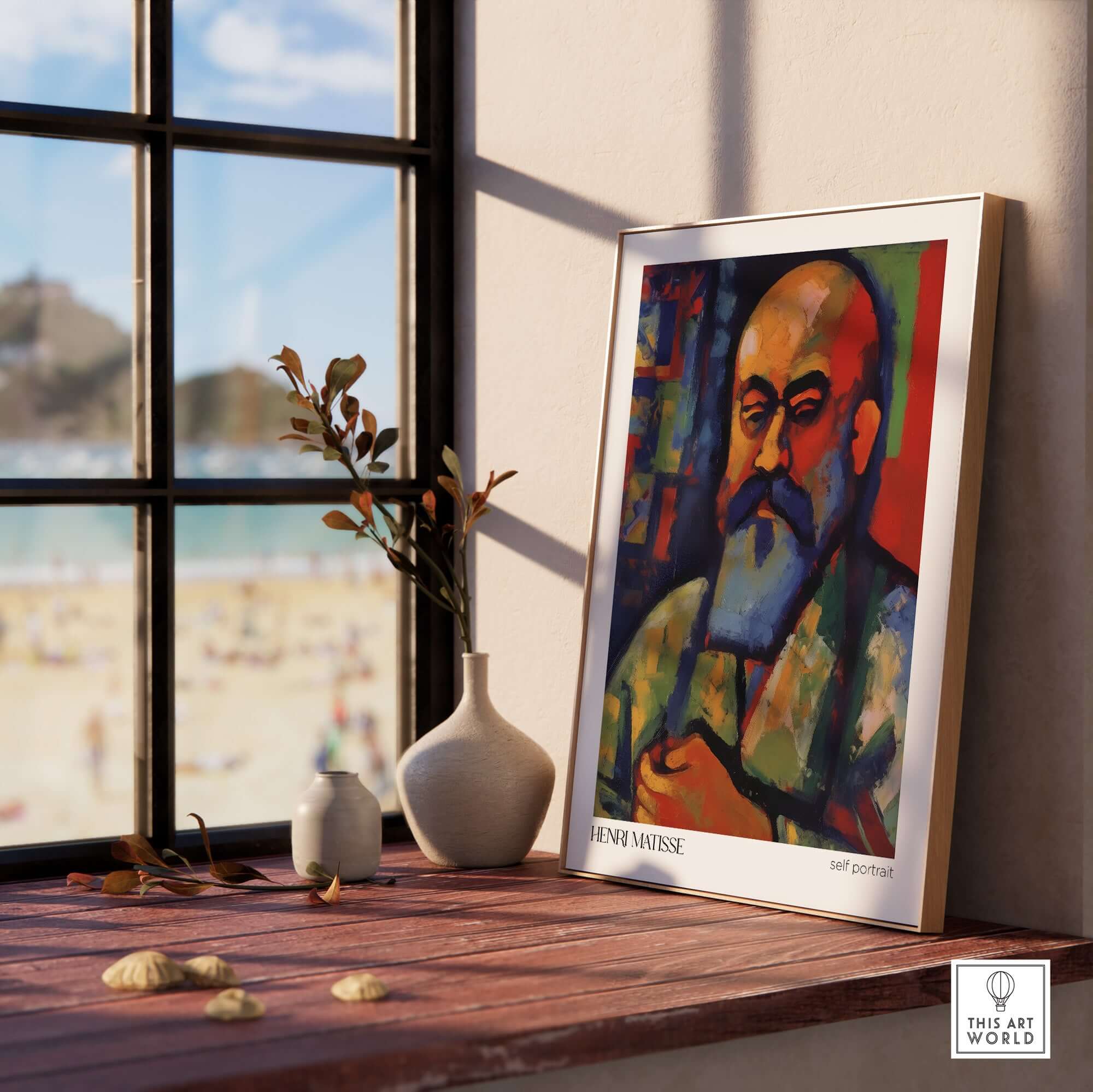 Matisse Art Prints - Fauvist Self Portrait Art Print displayed on a table by a window, showcasing bold colors and expressive design.
