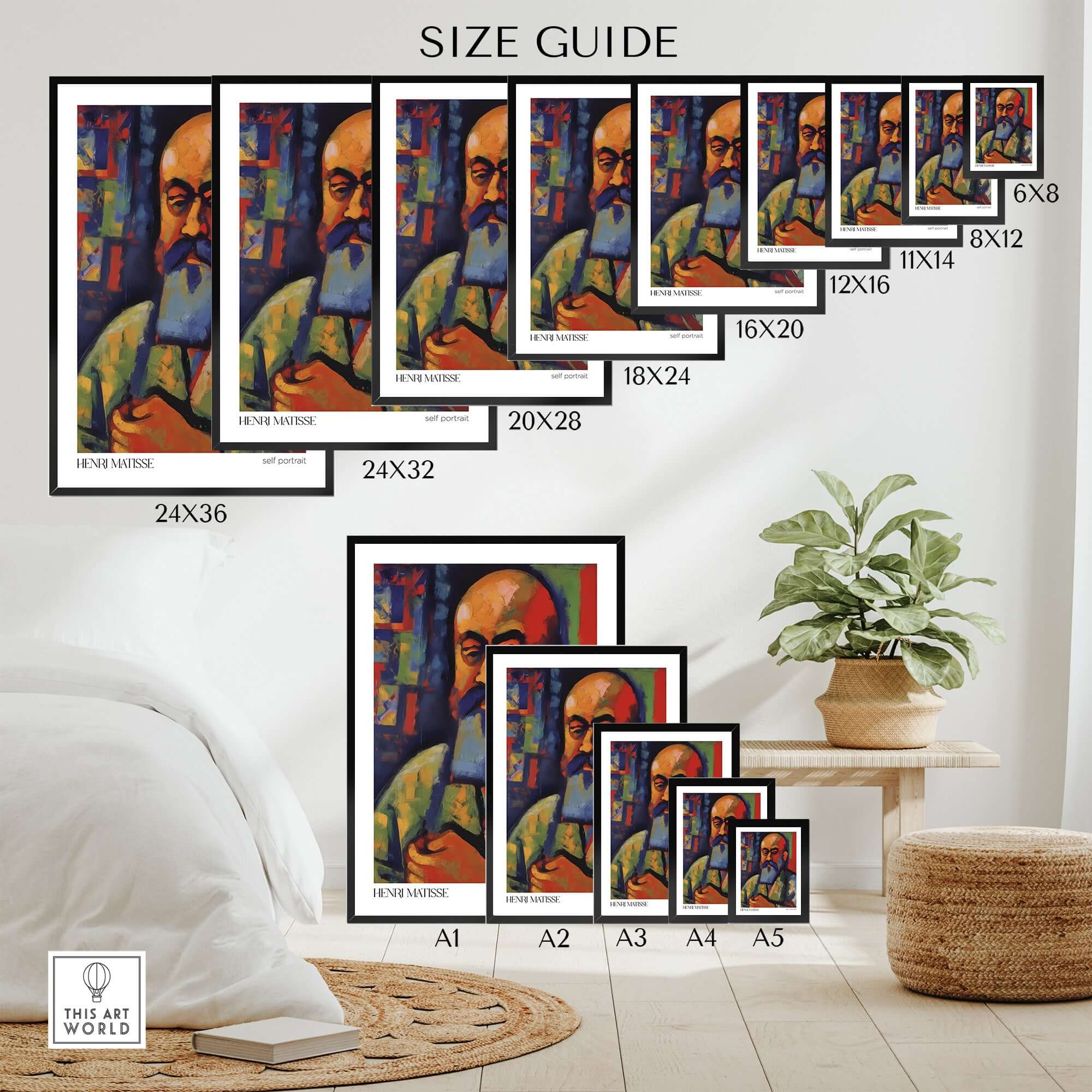 Matisse Art Prints - Fauvist Self Portrait Art Print size guide showing various frame sizes for artwork display.