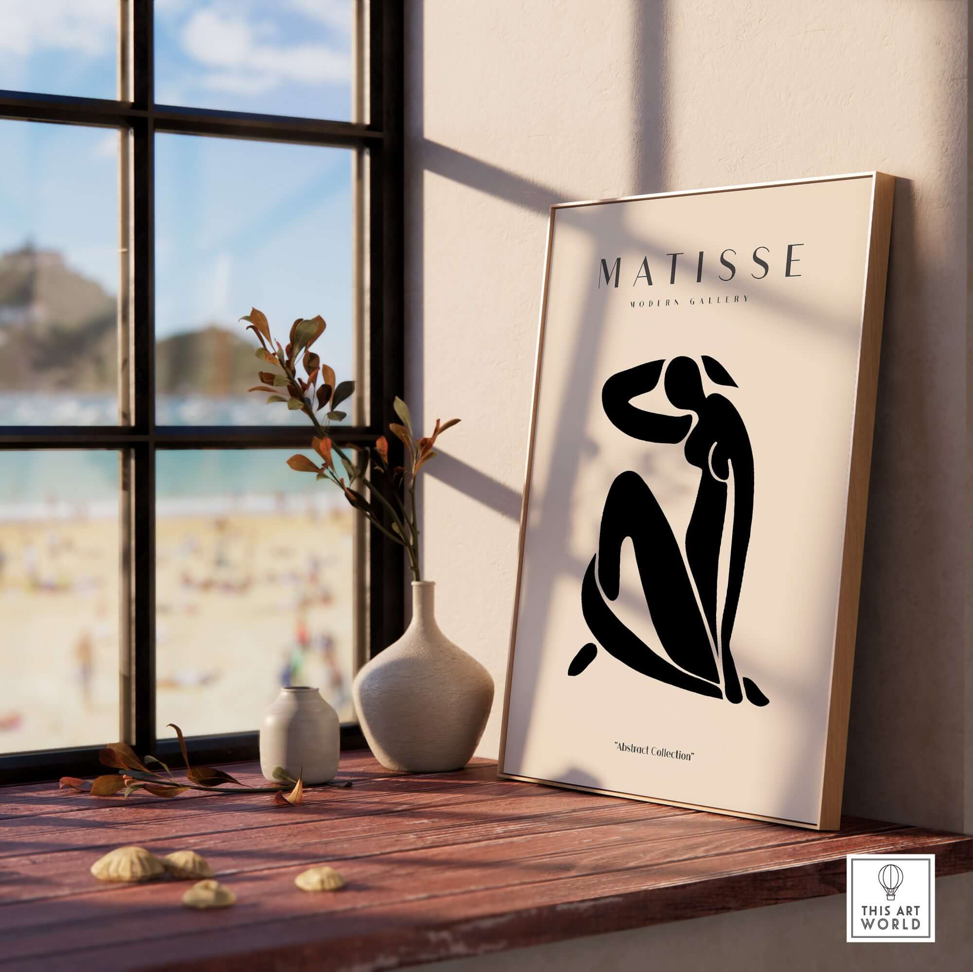 Matisse Art Prints - Figurative Lady Poster Art displayed on a shelf near a window with beach view.