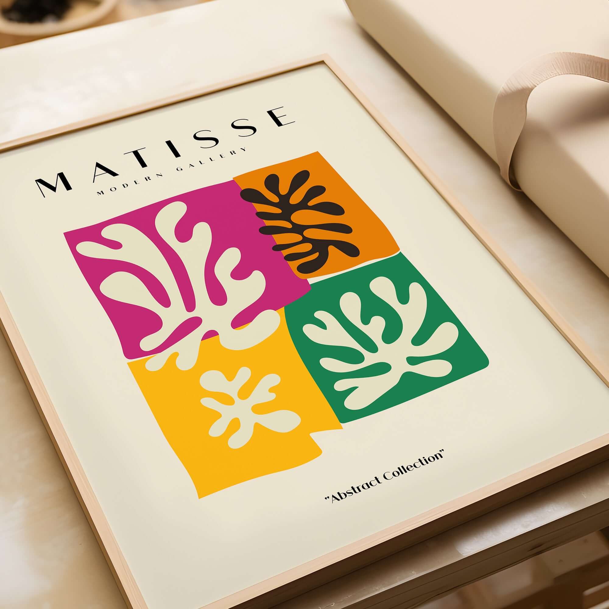 Matisse Art Prints - Four Block Abstract Leaves Poster showcasing vibrant leaf designs in pink, orange, yellow, and green quadrants.