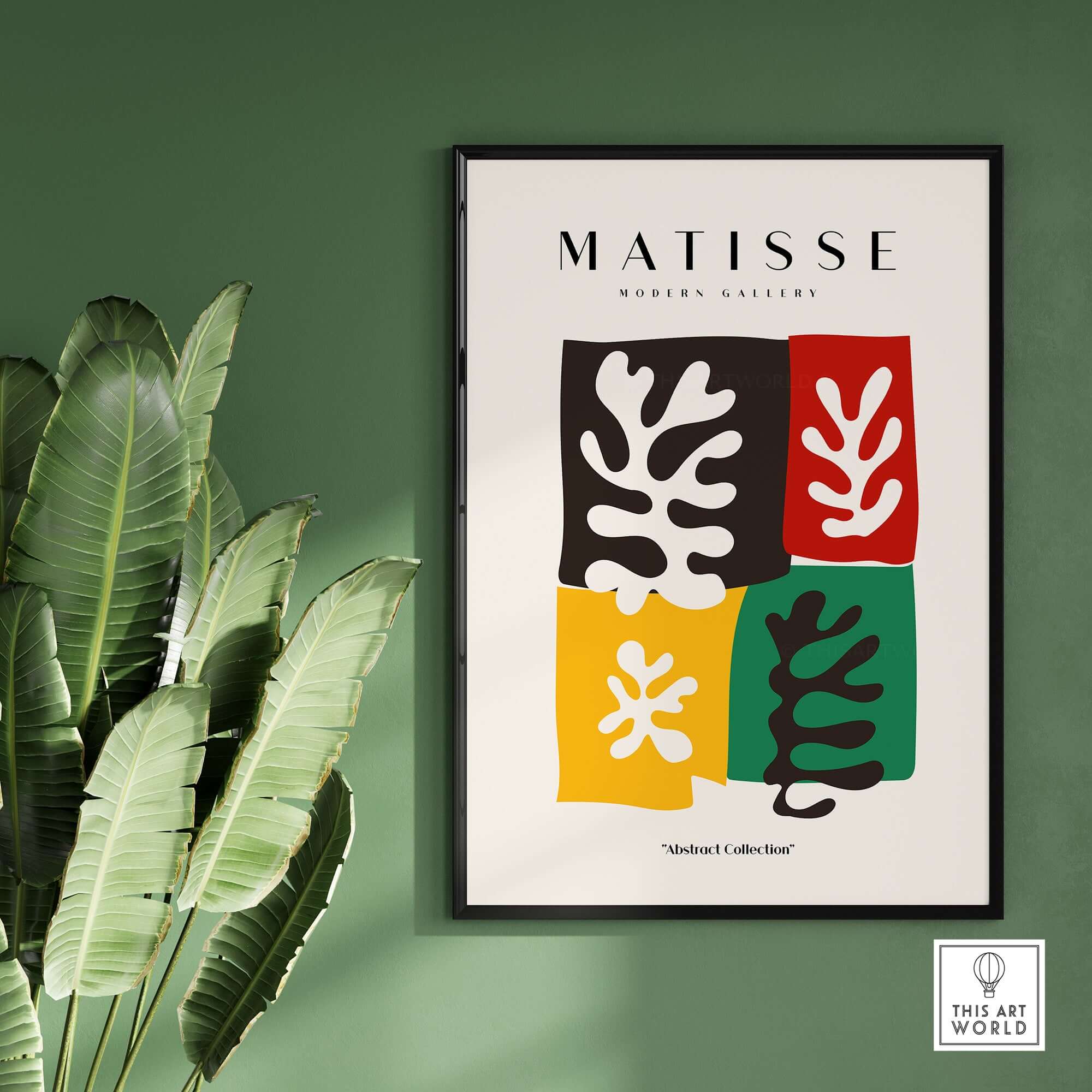 Matisse Art Prints - Four Blocks Abstract Leaves Color Poster displayed on a wall with green background and decorative plants.