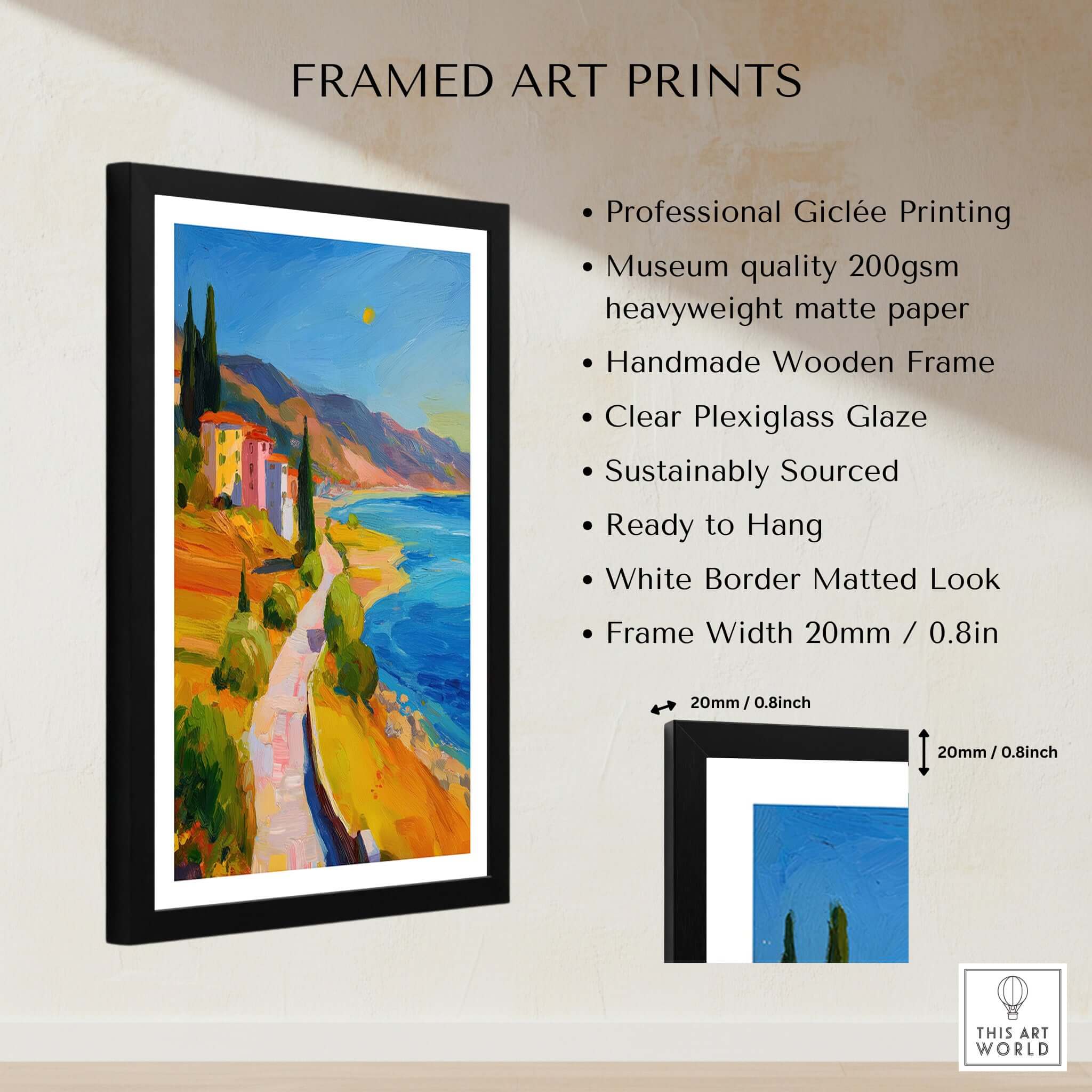 Matisse French Riviera Art Print | Mediterranean Landscape Poster in a black frame with a description of features.