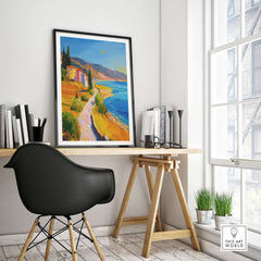 Matisse French Riviera Art Print | Mediterranean Landscape Poster displayed in a modern interior with a desk.