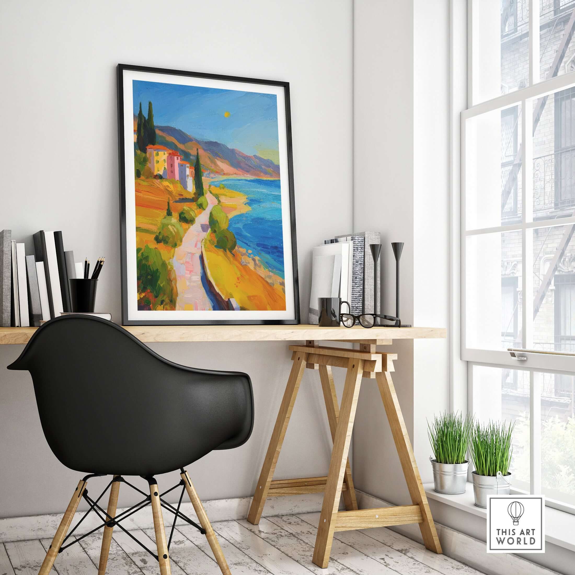 Matisse French Riviera Art Print | Mediterranean Landscape Poster displayed in a modern interior with a desk.