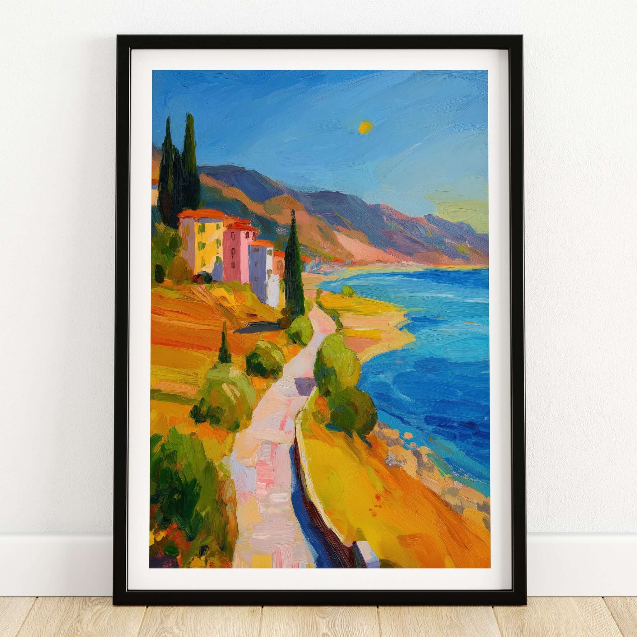 Matisse French Riviera Art Print | Mediterranean Landscape Poster featuring a vibrant coastal scene with colorful buildings.